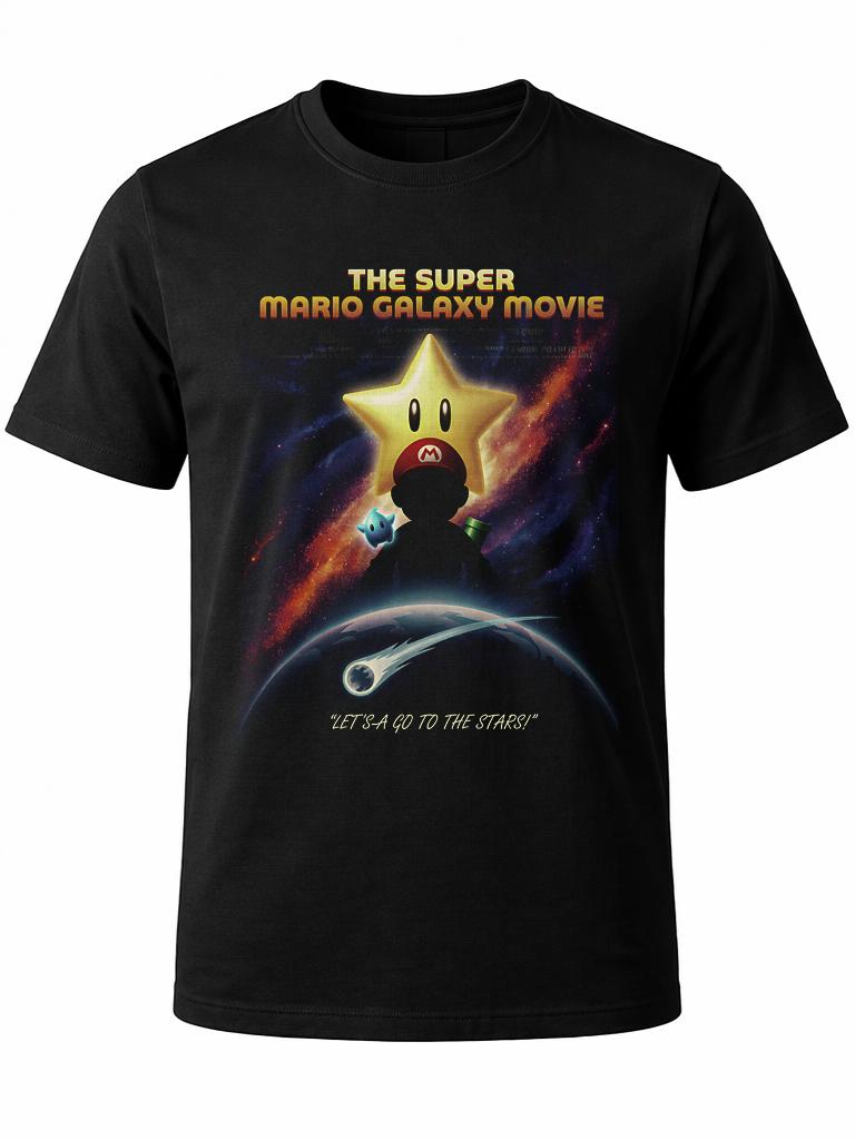 W P Playera Estilo Mario estrella GALAXY PELICULA Estampado algodón Ajuste cómodo