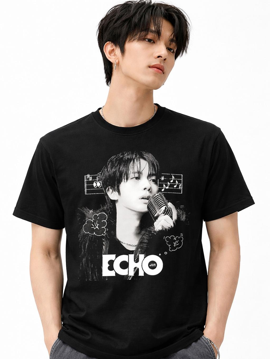Playera    W P  JIN  BTS ECHO Estampado Único y Duradero Ajuste Perfecto en Algodón para Todas las Ocasiones