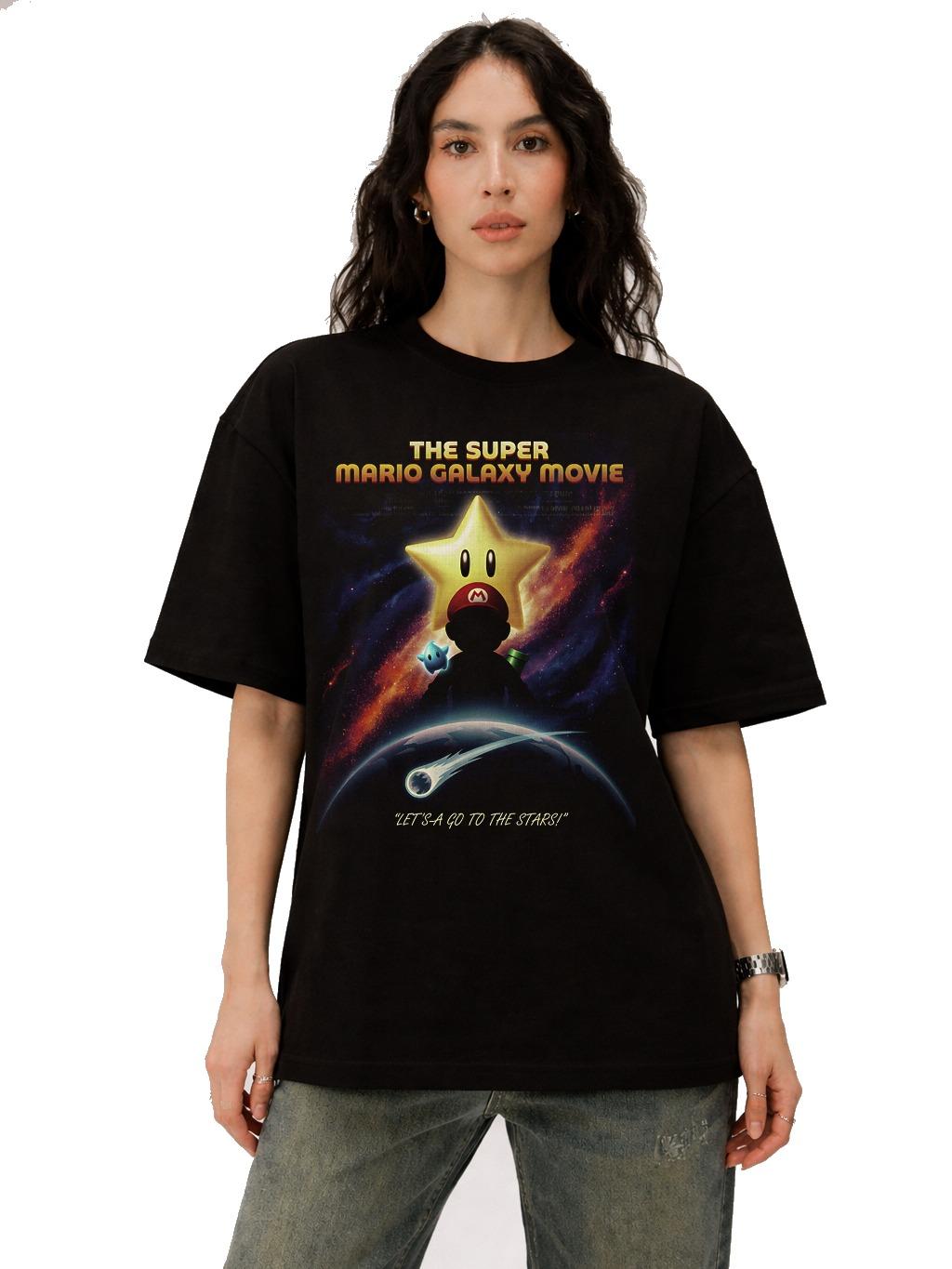 W P Playera Estilo Mario estrella GALAXY PELICULA Estampado algodón Ajuste cómodo